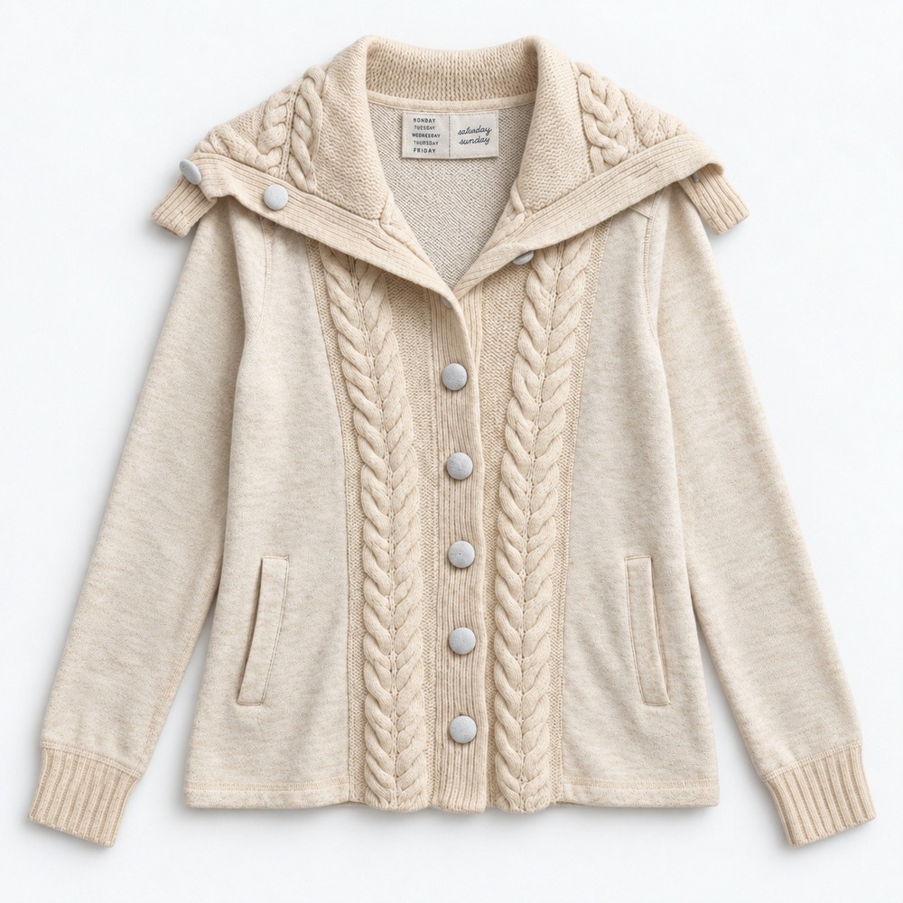 Saturday Sunday Anthropologie Cream Cable Knit Sailor Collar Cardigan Sweater M